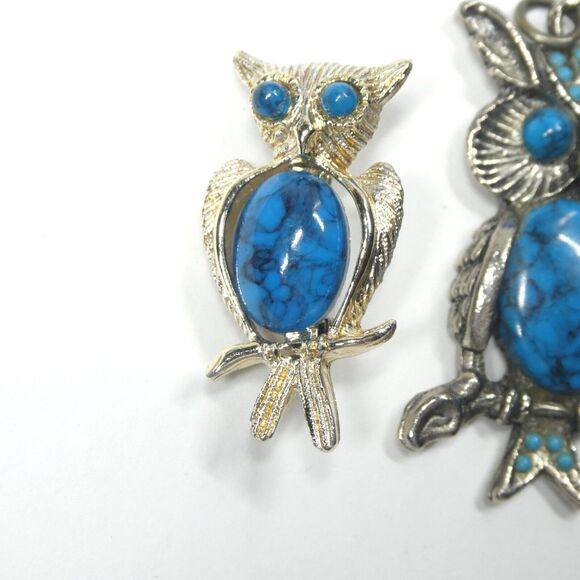 Owl Pendant & Brooch Vintage Turquoise Stone Jelly Belly 1970s Retro - Picture 3 of 5
